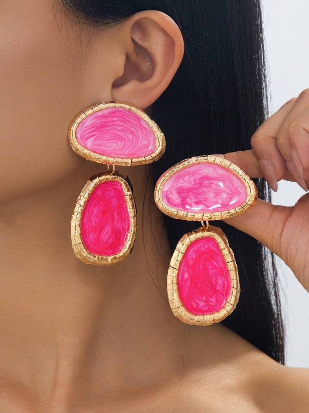 Pink Marble Swirl Gold Frame Women's Pendant Earrings